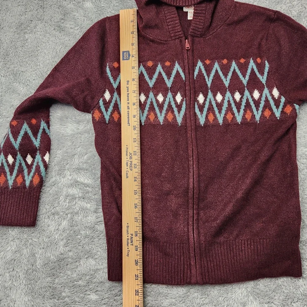 Cat & Jack Sweater Kids M 8/10 Burgundy Full Zip Hooded Fair Isle Geometric Knit